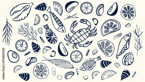 Hand-drawn seafood illustration in a retro sketch style, with fish, crab, shrimp, mussels, oysters, lemons, herbs, and fishing nets.