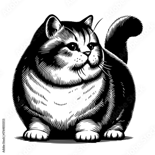 A chubby, black and white cat sits, looking forward, in a detailed illustration.