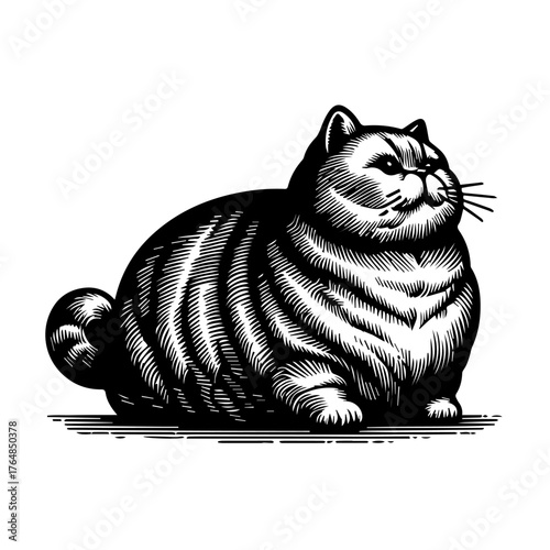 A chubby, striped cat in a resting position, rendered in a detailed, engraved style.