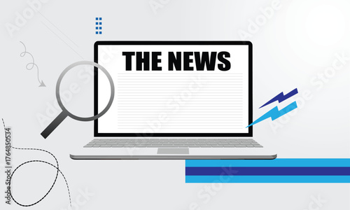 Online News and Digital Media Concept: Laptop Screen Displaying "THE NEWS" with Magnifying Glass, Symbolizing Fast Information Access.