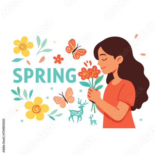A lively spring illustration featuring a girl with long dark hair wearing an orange shirt, holding and smelling a bouquet of red flowers. Surrounding her are colorful spring elements—yellow blossoms.