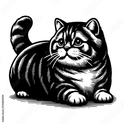 A black and white illustration of a plump, striped cat looking to the side.
