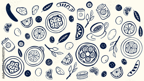 Vintage breakfast-themed hand-drawn food illustration with syrup, fried eggs, croissants, coffee cups, orange juice, butter, jam jars, and toast slices.