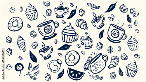 Vintage café-style hand-drawn illustration featuring steaming coffee cups, espresso makers, croissants, muffins, donuts, and sugar cubes.