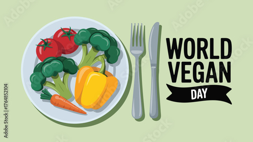 Colorful plate of vegetables with cutlery and bold "World Vegan Day" text on green background promoting plant-based lifestyle and awareness