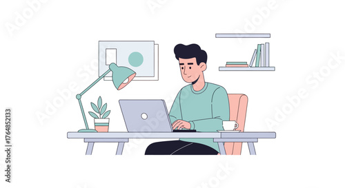 Freelancer Working at Home on a Laptop at a Desk with Lamp and Coffee
