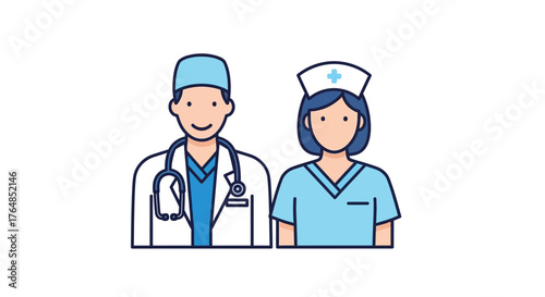 Illustration of a friendly doctor and nurse medical team in uniform with a stethoscope, representing healthcare and hospital staff services