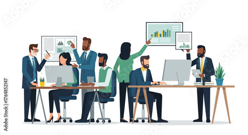 Diverse Professionals Collaborate in Modern Office Environment, Sharing Ideas and Analyzing Data