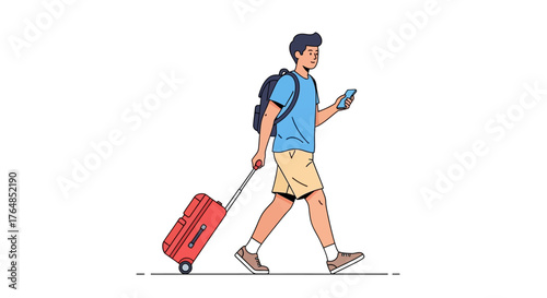 Young man walking with red suitcase and smartphone, ready for travel adventure