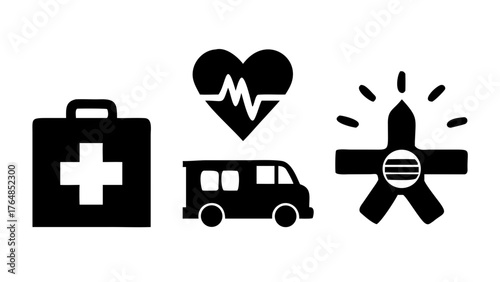 Medical icons including first aid kit heart rate ambulance and star of life in black and white color scheme