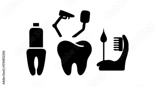 Dental care icons showing a tooth, mouthwash, dental tools, and a toothbrush in black silhouette