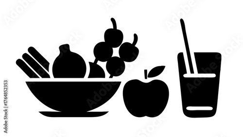 Still life illustration of a bowl of produce with an apple and a glass of liquid with straw
