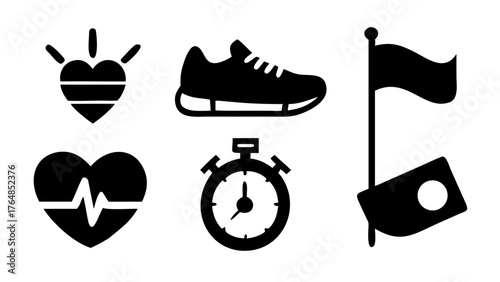 Collection of fitness icons featuring hearts, running shoe, stopwatch and flag in black silhouette