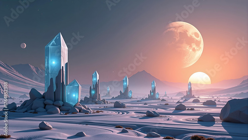 Wallpaper Mural The prompt is: A minimalist landscape on a distant planet, featuring iridescent crystalline structures jutting from the ground, casting long shadows in an otherworldly twilight. A luminous, swirling m Torontodigital.ca