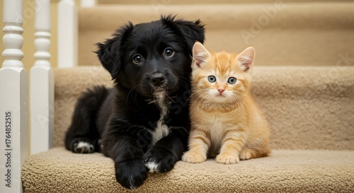 A black puppy and an orange kitten sitting together on carpeted stairs indoors closely together