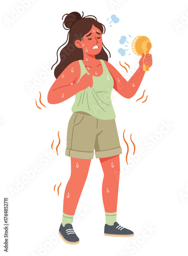 Woman suffering from heat, fanning herself, with red skin and sweat.