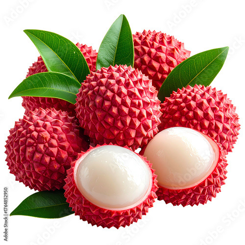Close-up photo of multiple lychees with spiky red skin and exposed white flesh