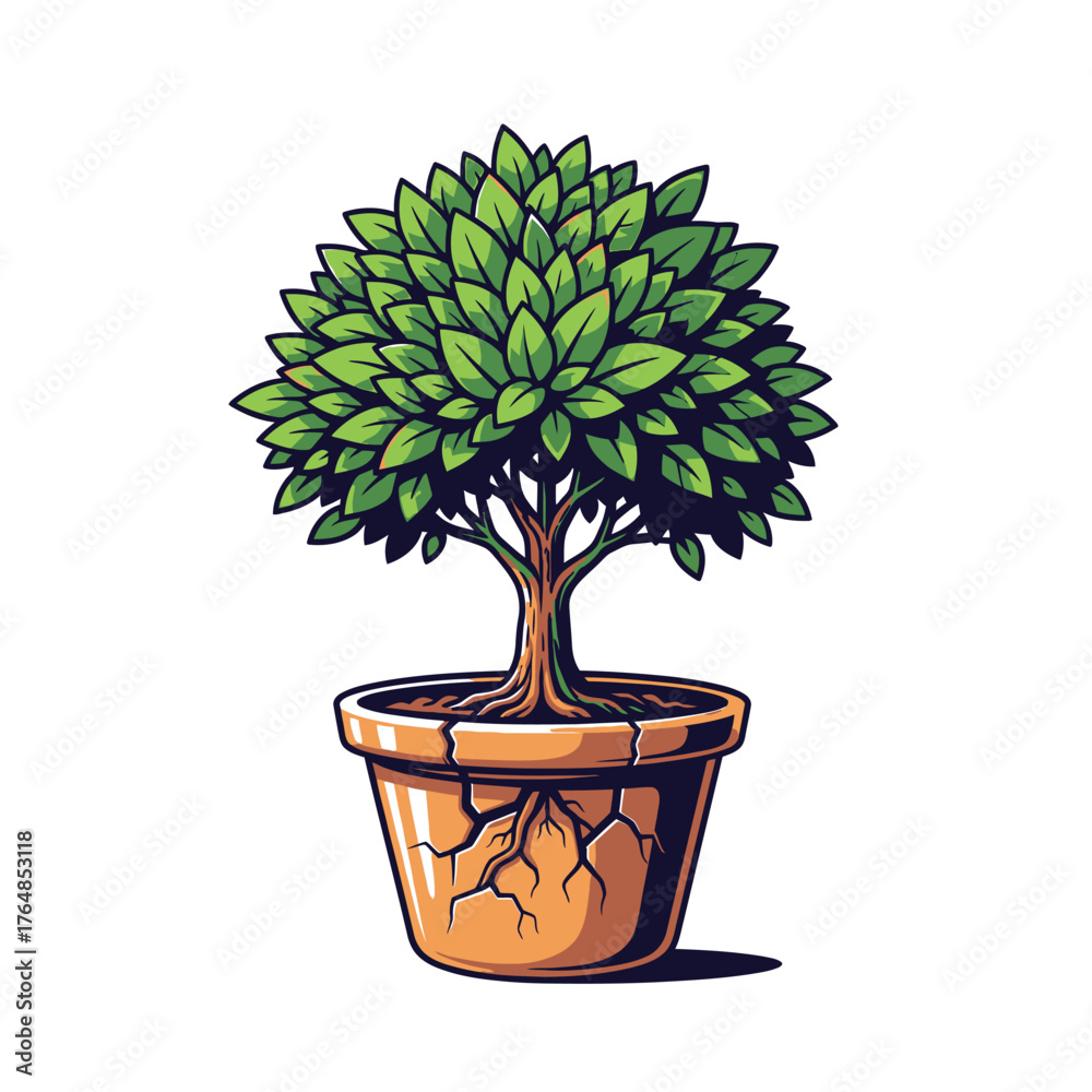 Obraz premium Potted tree with green leaves and visible roots