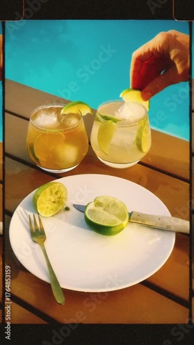 Making cocktails by swimming pool, dark and stormy, retro analog 8mm handheld film frame vibes