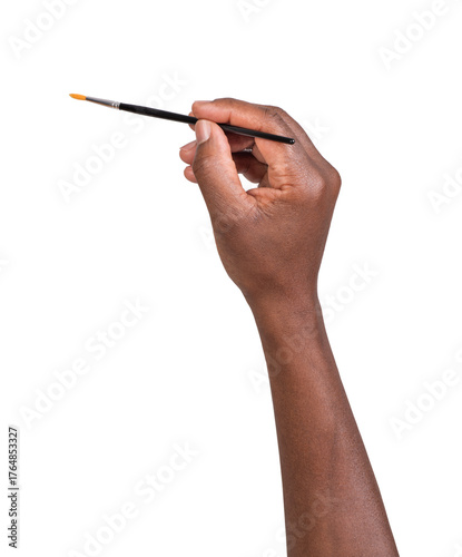 Man holding an art brush in hands and painting isolated on white or transparent background 