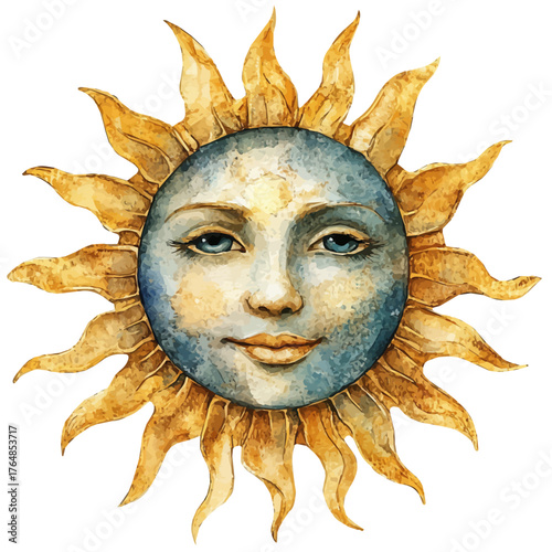watercolor of Sun Amulet, vector, isolated on a white background.