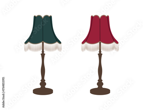 Retro table lamp design. Two nightlights with stylish lampshades for evening room illumination. Vector illustration isolated on a white background.