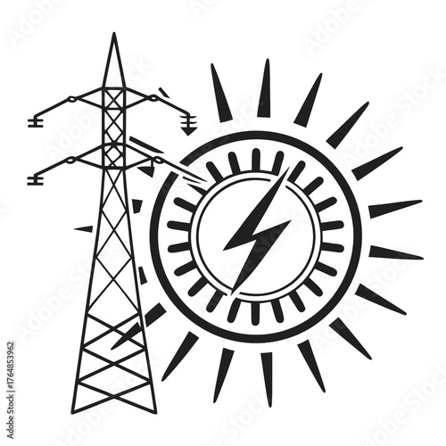 Black and white illustration of power line and sun