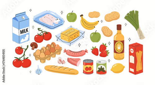 Collection of various grocery items and food products isolated on white background