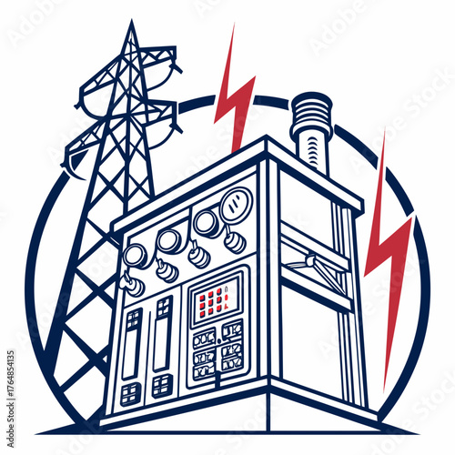 Electric power station with pylon and lightning