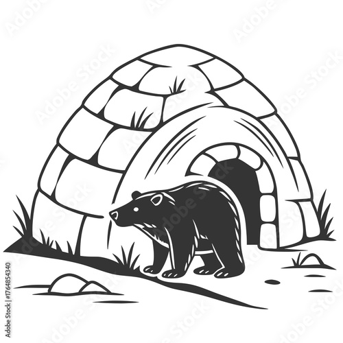 Illustration of a bear standing in front of an igloo