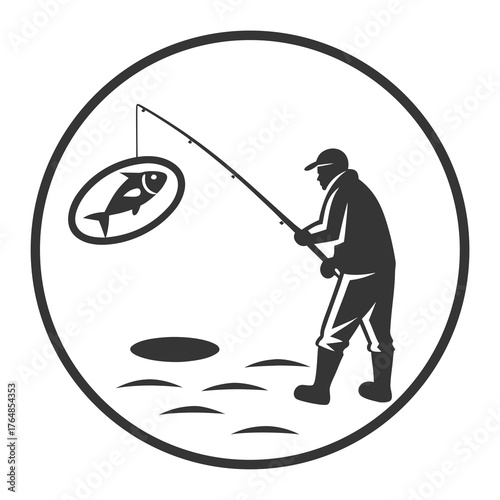 Ice fisherman fishing through a hole