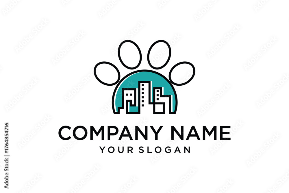 Fototapeta premium Modern Pet-Friendly City Logo featuring Dog Paw Print and Urban Buildings Silhouette