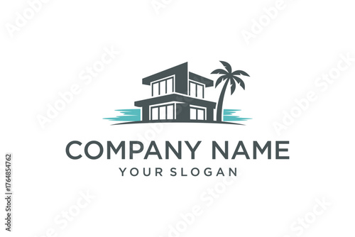 Modern Tropical House Logo featuring a Palm Tree and Water, ideal for Real Estate and Vacation Property Branding