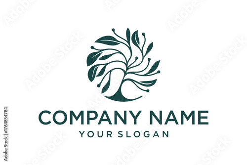 Abstract green tree and leaf logo design, modern organic company identity template