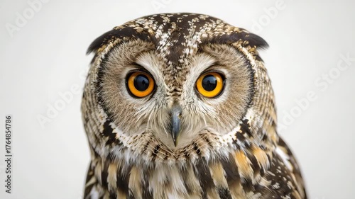 Owl staring calmly with wide amber eyes on white background