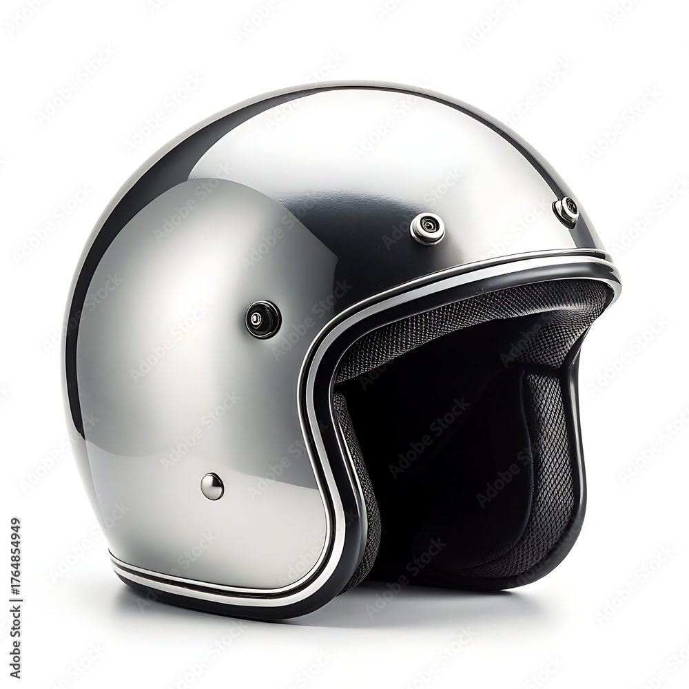 Fototapeta premium A shiny silver motorcycle helmet with black trim on a white background in a studio setting