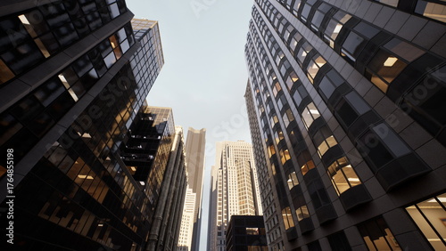 Fotografie Amidst the bustle of urban life, sunlight pours down between modern skyscrapers, illuminating reflective glass facades and inviting onlookers to marvel at architectural grandeur