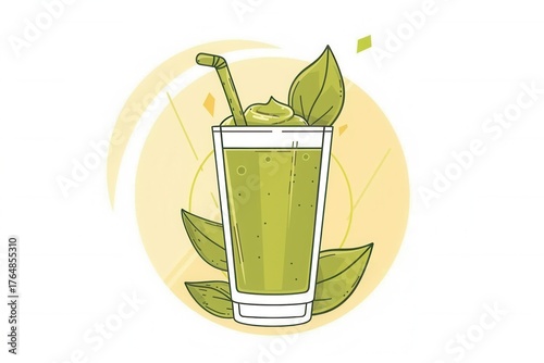 Refreshing green smoothie with leaves and straw on abstract background