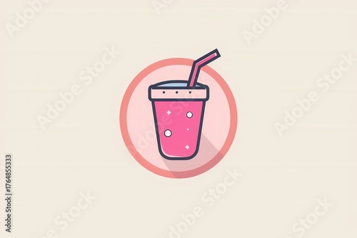Illustrated pink drink icon with straw in circular frame