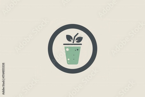 Minimalistic green plant in circle emblem with simple leaf design