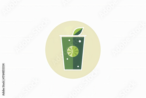 Refreshing green lime drink with straw and leaf in minimalist style