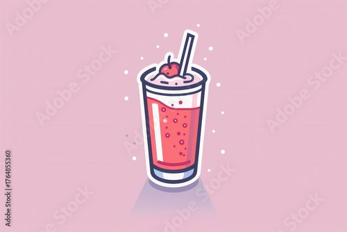 Cartoon cherry milkshake with straw and bubbles on pink background