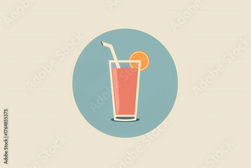 Minimalist retro style orange juice illustration with straw and circle design