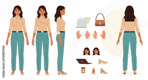 Woman character design with multiple views and accessories isolated on white background