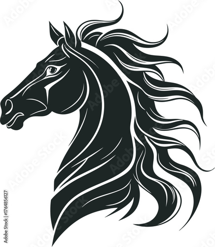 Stylish black and white vector illustration of a horse head with flowing mane, perfect for logo design, tattoo art, or decorative prints.
