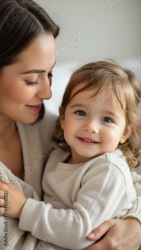 Smiling toddler in arms of loving mother indoors