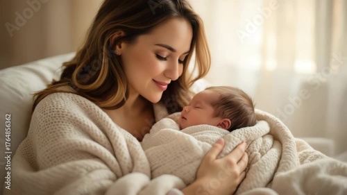 Mother holding and kissing newborn wrapped in blanket