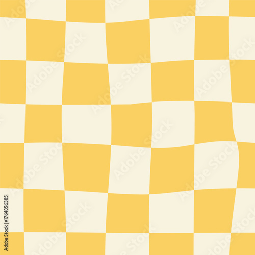 Groovy twisted checkered seamless pattern. Vector flat background with distorted wavy checks. Funky psychedelic checkerboard in 1970s retro style