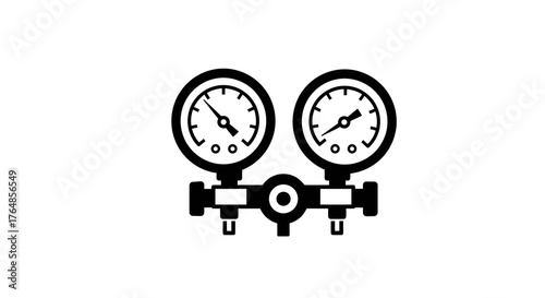 Industrial pressure gauges icon: dual dials in a minimalist black and white design
