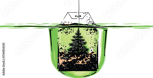 A miniature evergreen tree grows inside a tea bag submerged in vibrant green herbal tea